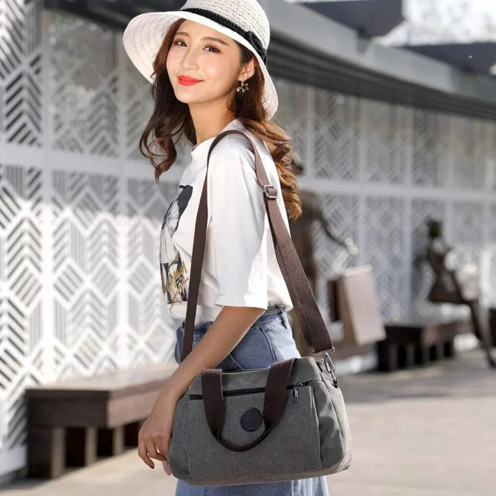 Canvas Hobo Handbag Women Multi Compartment Tote Crossbody Purse